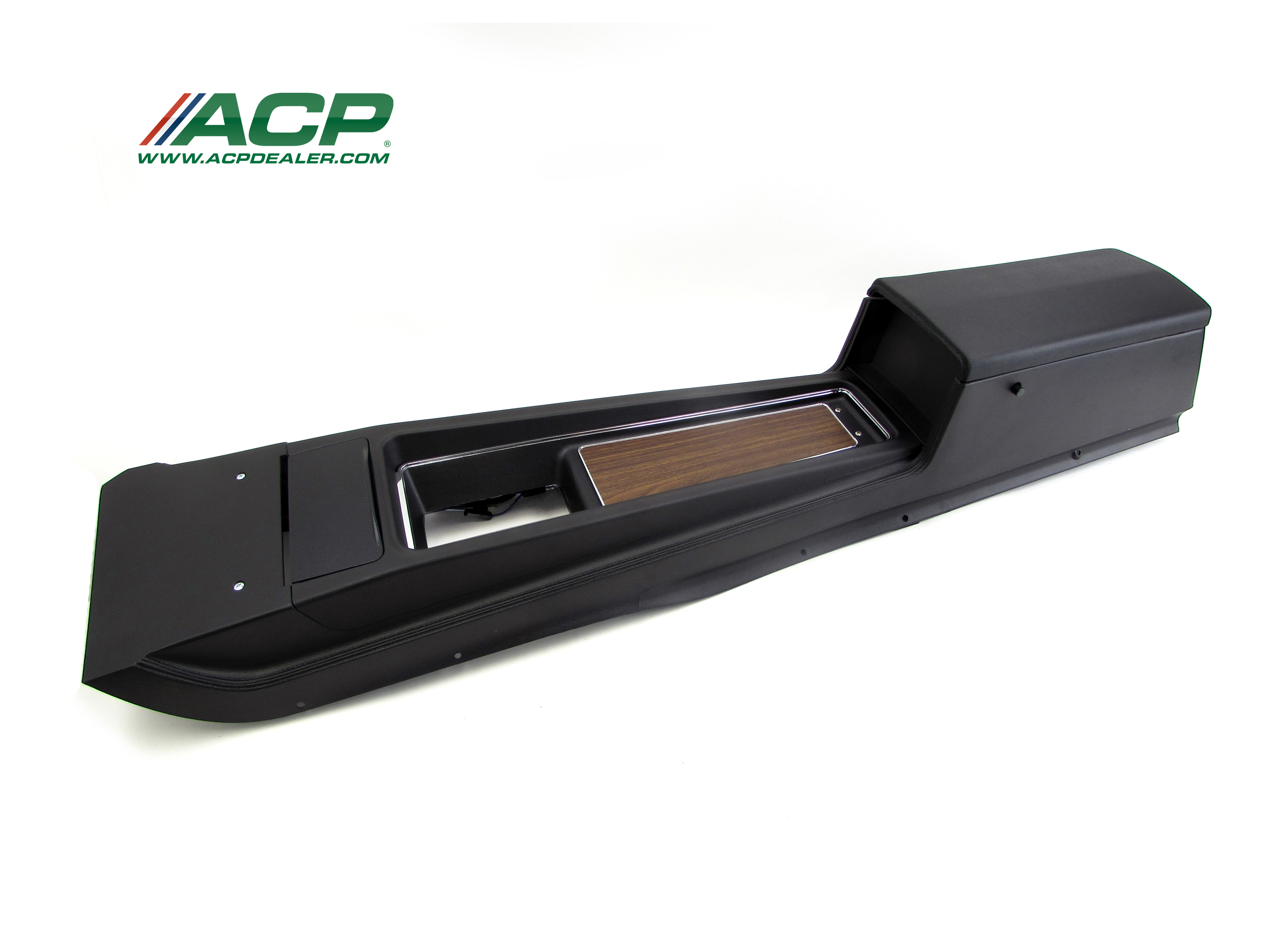 1970 Mustang Console Assembly  New Reproduction W Standard Transmission Black in Color W/Woodgrain Insert